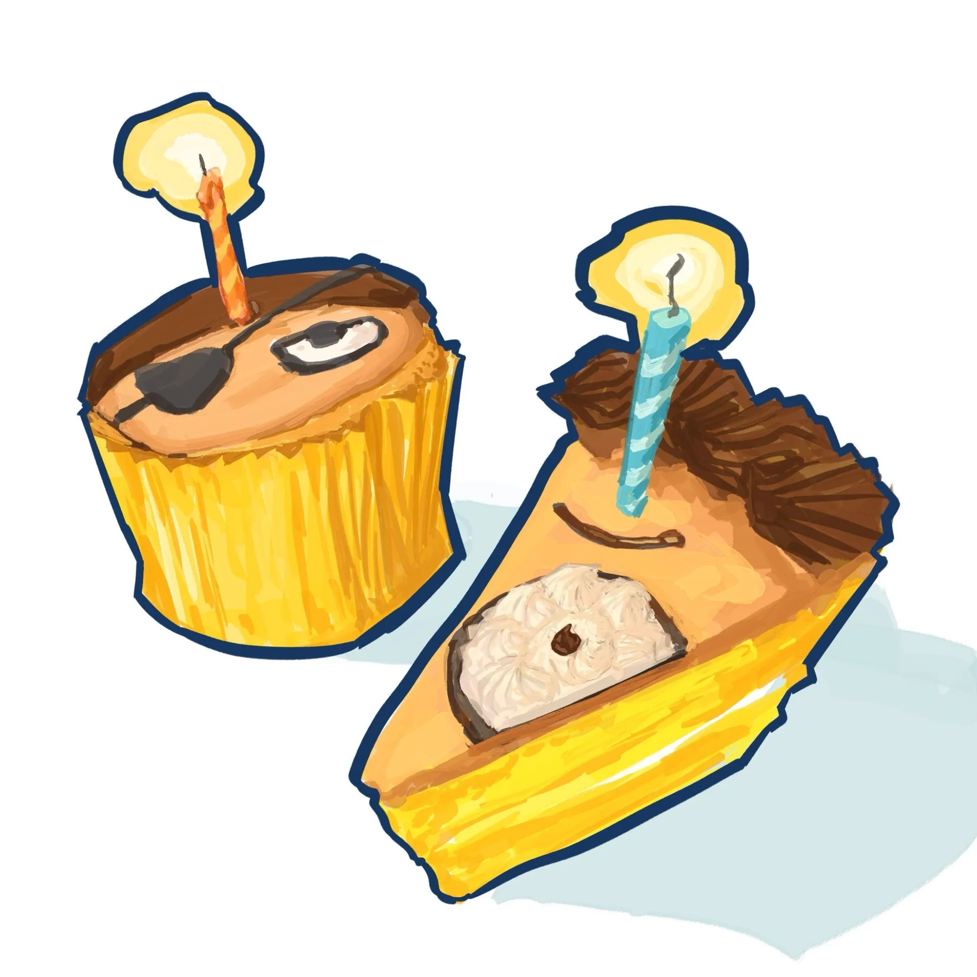 A cupcake wearing a pirate eyepatch and a slice of pie with a smiling face, each topped with a lit birthday candle.