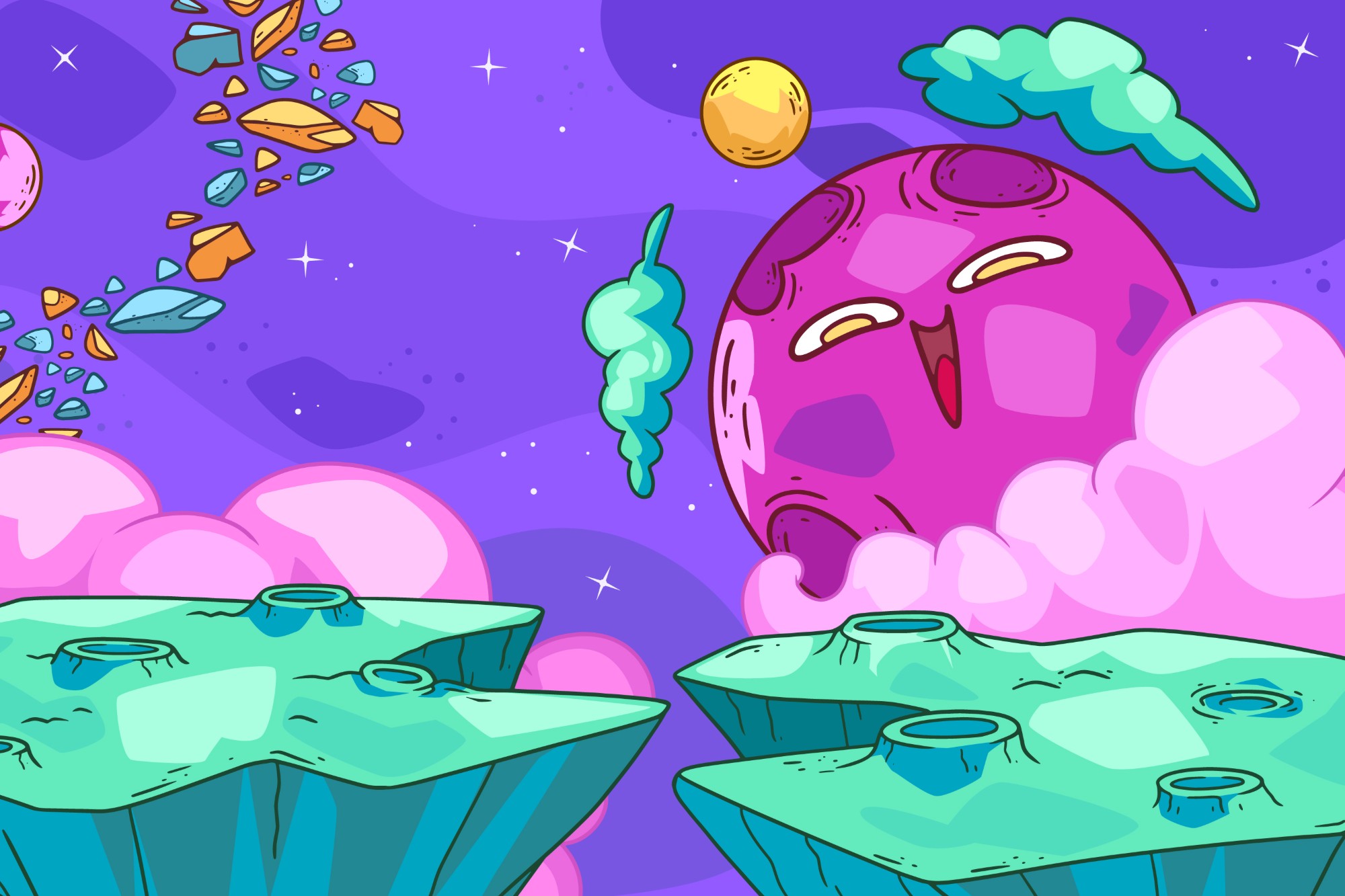A big magenta planet with a delighted face rests on pink clouds above floating green rocks.