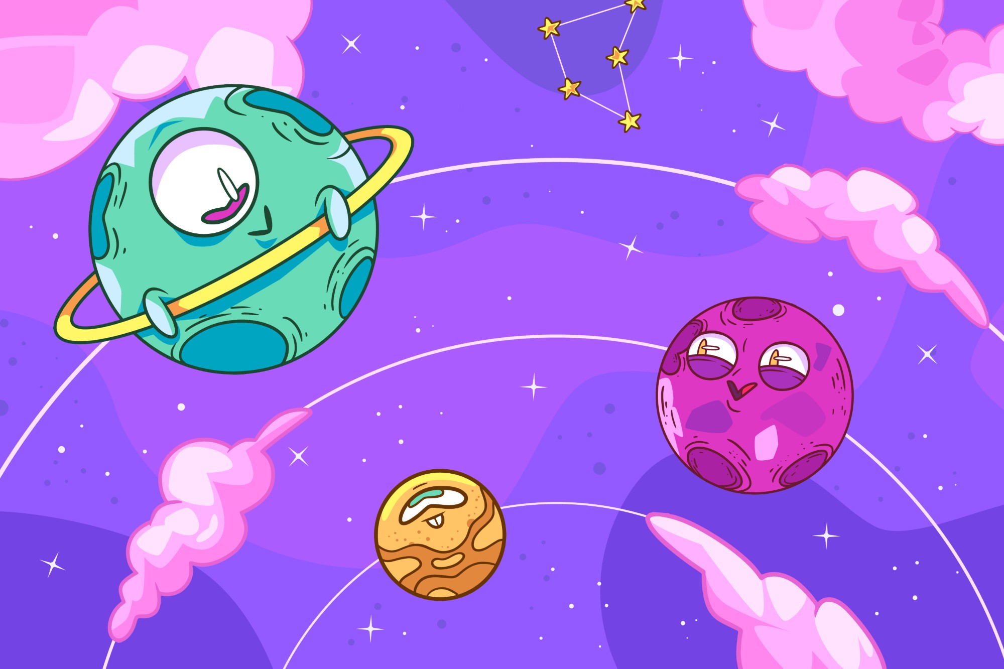 Three cartoon planets with cheerful faces, one with a ring, orbiting among pink clouds in a purple sky.